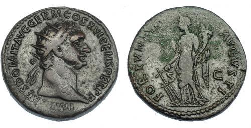 501 - IMPERIO ROMANO. DOMICIANO. Dupondio. Roma (92-94). A/ Busto radiado a der.; IMP CAES DOMIT AVG GERM COS XVI CENS PER P P. R/ Fortuna a izq. con timón y cornucopia; FORTVNAE AVGVSTI, SC. AE 12,82 g. 27,8 mm. RIC-405. MBC/MBC-.