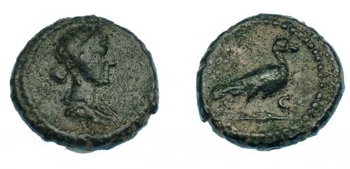 503 - IMPERIO ROMANO. ANÓMIMO (periodo de Domiciano a Antonino Pío). Cuadrante. Roma (81-161). A/ Busto diademado y drapeado de Venus a der. R/ Paloma a der., S-C. AE 2,42 g. 14,3 mm. RIC-24. Pátina verde oscuro. MBC-. Muy rara.