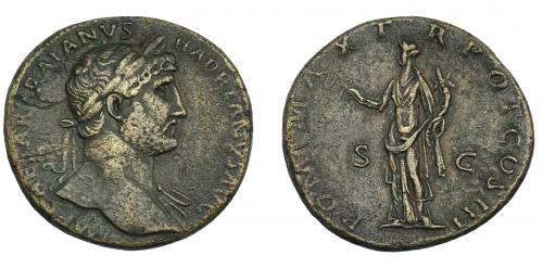 537 - IMPERIO ROMANO. ADRIANO. Sestercio. Roma (119). A/ Busto a der. laureado y drapeado sobre el hombro izq.; IMP. CAESAR TRAIANVS HADRIANVS AVG. R/ Felicitas a izq. con caduceo y cornucopia; PONT MAX TR POT COS III S-C. AE 25,72 g 32,7 mm. RIC-243. Rayas en anv. MBC.