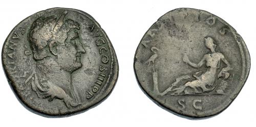 541 - IMPERIO ROMANO. ADRIANO. Sestercio. Roma (134-138). A/ Busto laureado y drapeado a der.; HADRIANVS AVG COS III P P. R/ Aegyptos reclinada sobre cesta a izq. con sistro, delante ibis sobre columna; AEGYPTOS, exergo S C. AE 21,21 g. 31,9 mm. RIC-1594. Erosiones en anv. MBC-/BC+.