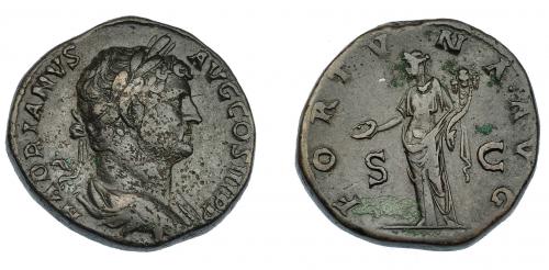 545 - IMPERIO ROMANO. ADRIANO. Sestercio. Roma (134-138). A/ Busto laureado y drapeado a der.; HADRIANVS AVG COS III P P. R/ Fortuna a izq. con pátera y cornucopia; FORTVNA AVG., S.C. AE 24,73 g. 31,1 mm. RIC-2116. Leves oxidaciones y porosidades. MBC.