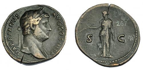 546 - IMPERIO ROMANO. ADRIANO. Sestercio. Roma (134-138). A/ Busto laureado a der. y drapeado sobre el hombro izq.; HADRIANVS AVG COS III P P. R/ Diana a izq. con arco y flecha; S-C. AE 27,04 g. 32 mm. RIC-2399. Cospel abierto. MBC.