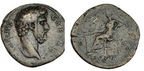 553 - IMPERIO ROMANO. LUCIO AELIO (acuñado bajo Adriano). Sestercio. Roma (137). A/ Busto a der.; L AELIVS CAESAR. R/ Salus sentada a izq. alimentando a serpiente enrollada sobre altar; TR POT COS II, S-C; en exergo SALVS. AE 27,67 g. 31,9 mm. RIC-2677. BC+/BC. Escasa.