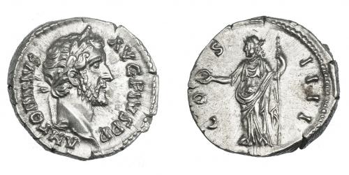 555 - IMPERIO ROMANO. ANTONINO PÍO. Denario. Roma (145-161). A/ Cabeza laureada a der.; ANTONINVS AVG PIVS P P. R/ Concordia a izq. con pátera y cetro; COS IIII. AR 3,60 g. 18 mm. RIC-129. EBC+/EBC.