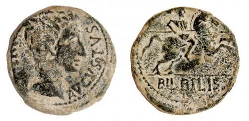 6 - COLECCIÓN CORES. BILBILIS. AUGUSTO. As. A/ Cabeza a der.; delante AVGVSTVS (DIVI F). R/ Jinete lancero a der., debajo BILBILIS. AE 12,88 g. 28 mm. RPC-390. APRH-390. ACIP-3015. CC-4823, mismo ejemplar. Pátina verde terrosa. MBC-.