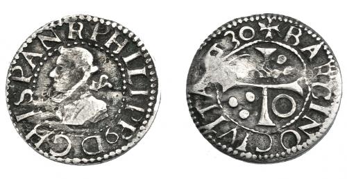645 - FELIPE IV. 1/2 croat. 1630. Barcelona. Sin puntos en la ley. de anv. AC-537. Vano en rev. MBC-. Rara.