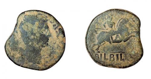 7 - COLECCIÓN CORES. BILBILIS. AUGUSTO. As. A/ Cabeza a der.; delante AVGVSTVS DIVI F, casi ilegible. R/ Jinete lancero a der., debajo BILBILIS. Contramarca LA en rev. AE 9,70 g. 27 mm. RPC-390. APRH-390. ACIP-3015. CC-4824, mismo ejemplar. RC/BC.