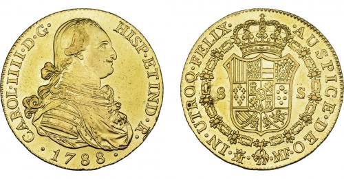 845 - CARLOS IV. 8 escudos. 1788. Madrid. MF. VI-1318. Golpecitos en gráfila. Ligeramente abrillantada. EBC-. Rara.