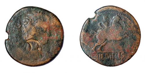 9 - COLECCIÓN CORES. BILBILIS. AUGUSTO. As. A/ Cabeza laureada a der.; delante AVGVSTVS DIVI F. R/ Jinete lancero a der., debajo BILBILIS. Contramarca cabeza de águila en anv. AE 10,28 g. 28 mm. RPC-S5 391/36, mismo ejemplar. APRH-391a. ACIP-3016. CC-4830, mismo ejemplar. La moneda RC y el resello MBC.