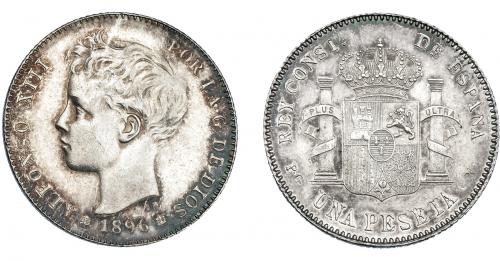 951 - ALFONSO XIII. Peseta. 1896*18-96. Madrid. PGV. VI-154. Abrillantada. EBC-.