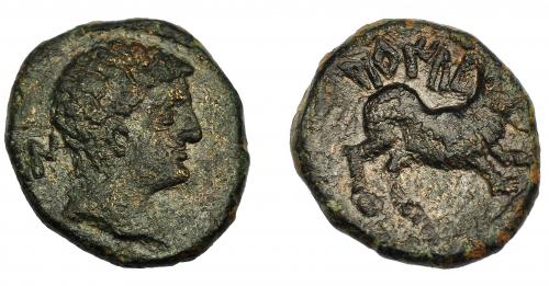 1001 - HISPANIA ANTIGUA. ABARILTUR. Semis. A/ Cabeza masculina a der., detrás Ba.N. R/ Toro corriendo a der., encima ABaRILTu. AE 4,75 g. 17,7 mm. I-3. ACIP-2087 (vte. ley. rev.). Campo del rev. ligeramente repasaod. Pátina verde oscuro. MBC. Rara.