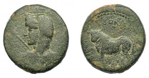 1102 - HISPANIA ANTIGUA. BORA. As. A/ Busto femenino velado y diademado a izq., delante cetro. R/ Toro parado a izq., encima BORA. AE 31,60 g. 32,7 mm. I-289. ACIP-2309. Superficies ligeramente erosionadas. BC+. Ex Áureo, 20-4-1998, lote 112.