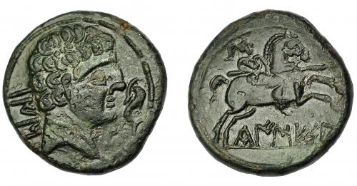 1126 - HISPANIA ANTIGUA. KAISESA. Unidad. A/ Cabeza masculina a der., delante delfín, detrás BaIS. R/ Jinete lancero a der.; debajo, sobre línea, KaISESA. AE 11,87 g. 25,8 mm. Pequeñas erosiones. Pátina oscura. MBC+. Muy rara. Ex Vico, 11-10-2015, lote 110.