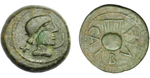 1145 - HISPANIA ANTIGUA. CARBULA. As. A/ Cabeza femenina con moño a der., delante creciente, detrás X. R/ Lira, alrededor CARBVLA. AE 25,28 g. 33,2 mm. I-440. ACIP-2312. Pátina verde oscuro. MBC.