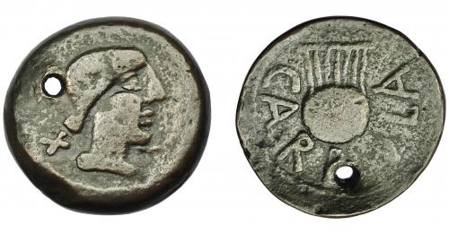 1146 - HISPANIA ANTIGUA. CARBULA. As. A/ Cabeza femenina con moño a der., delante creciente, detrás X. R/ Lira, alrededor CARBVLA. AE 17,44 g. 31 mm. I-440. ACIP-2312. Agujero. MBC-/BC+.
