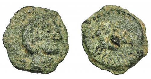 1150 - HISPANIA ANTIGUA. CARISA. Semis. A/ Cabeza masculina a der. R/ Jinete con rodela a izq.; debajo CARIS(A?). AE 3,63g 18,5 mm. I-452. ACIP-2519. Pátina verde. MBC-. Rara. Compra privada Pliego (1992).