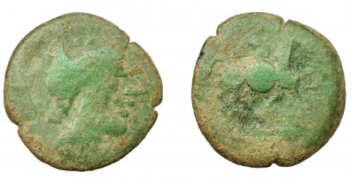 1153 - HISPANIA ANTIGUA. CARISA. Semis. A/ Cabeza galeada a der. R/ Jinete con rodela a der., ley. ilegible. AE 3,7 g. 18,3 mm. I-no. ACIP-no. Pátina verde claro. BC/RC. Compra privada Pliego (1992).