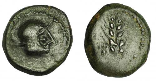 1155 - HISPANIA ANTIGUA. CARMO. Cuadrante o sexto. A/ Cabeza galeada a der. R/ Espiga, a izq. 3 glóbulos. AE 4,3 g. 16,5 mm. I-472. ACIP-2385. Pátina verde. MBC. Compra privada a Pliego (1993).