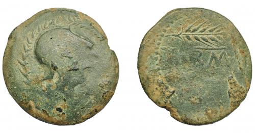 1156 - HISPANIA ANTIGUA. CARMO. As. A/ Cabeza con casco apuntado a der., alrededor láurea. R/ Dos espigas a der., en medio (CA)RM(O). AE 19,08 g. 37 mm. I-457. ACIP-2386. Pátina verde con concreciones. BC-/BC+. Compra privada Pliego (1997).