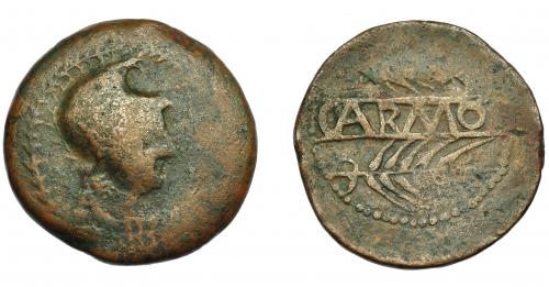 1157   -  HISPANIA ANTIGUA. CARMO. As. A/ Cabeza con casco apuntado a der., alrededor láurea. R/ Dos espigas a der., en medio CARMO. AE 23,8 g. 35,2 mm. I-457. ACIP-2386.  BC-/BC+. Ex Hervera, 15-4-1997.