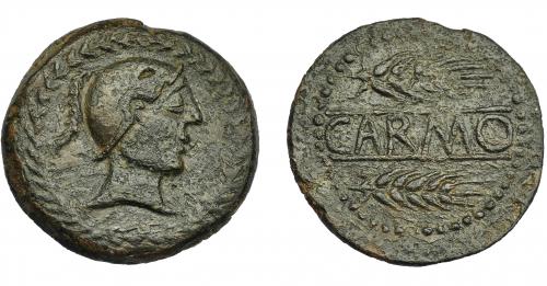 1158 - HISPANIA ANTIGUA. CARMO. As. A/ Cabeza con casco de largo penacho a der. R/ Dos espigas a der., en medio entre líneas CARMO. AE 18,79 g. 34,5 mm. I-458. ACIP-2387. Pequeñas marcas. Pátina oscura. MBC/MBC+. Ex Herrero, 8-5-1997.