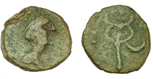 1160 - HISPANIA ANTIGUA. CARMO. Cuadrante o sexto. A/ Cabeza de Mercurio con pétaso a der. R/ Caduceo, a izq. 3 glóbulos, a der. creciente. AE 2,21 g. 15,9 mm. I-473. ACIP-2391. Pátina verde claro. BC+. Muy rara.