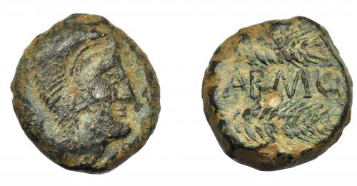 1161 - HISPANIA ANTIGUA. CARMO. As. A/ Cabeza de Hércules con leonté a der. R/ Dos espigas a der., en medio (C)ARMO. AE 20,7 g. 25,2 mm. I-466. ACIP-2395. Pequeñas marcas. Pátina oscura. MBC.