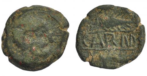 1164 - HISPANIA ANTIGUA. CARMO. As. A/ Cabeza masculina a der. R/ Dos espigas a der., en medio entre líneas CARM(O). AE 13,45 g. 24,4 mm. I-461. ACIP-2401. Pátina verde oscuro. BC/BC+. Compra privada Pliego (1992).