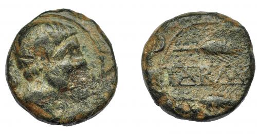 1166 - HISPANIA ANTIGUA. CARMO. As. A/ Cabeza masculina a der., detrás delfín. R/ Dos espigas a der., en medio entre líneas KARMO. AE 18,75 g. 24,6 mm. I-464. ACIP-no. Pátina verde oscuro. BC+/MBC-.