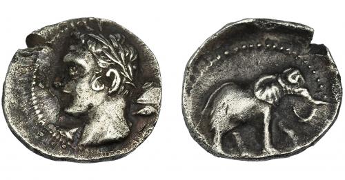 1168 - HISPANIA ANTIGUA. ACUÑACIONES HISPANO-CARTAGINESAS. 1/4 siclo. A/ Cabeza laureada y con clava a izq. R/ Elefante a der. AR 1,69 g. 13,3 mm. I-487. ACIP-555. Cospel abierto. Algo descentrada. MBC. Compra privada Pliego (1992).