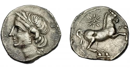 1169 - HISPANIA ANTIGUA. ACUÑACIONES HISPANO-CARTAGINESAS. Siclo. A/ Cabeza femenina con tocado vegetal a izq. R/ Caballo saltando a der., detrás estrella. AR 7,18 g. 21,7 mm. I-493. ACIP-565. Concreciones. MBC+.