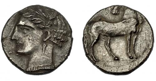 1171 - HISPANIA ANTIGUA. ACUÑACIONES HISPANO-CARTAGINESAS. 1/2 siclo. A/ Cabeza femenina con tocado vegetal a izq. R/ Caballo parado a der. con cabeza vuelta. AR 4,35 g. 16,1 mm. I-499. ACIP-576. Rayitas. MBC+.
