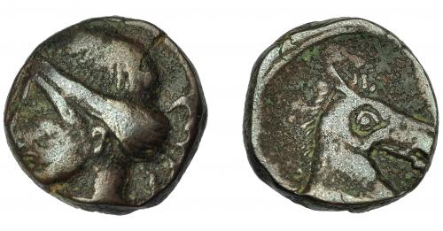 1175 - HISPANIA ANTIGUA. ACUÑACIONES HISPANO-CARTAGINESAS. Unidad. A/ Cabeza femenina con tocado vegetal a izq. R/ Cabeza de caballo a der. AE 6,60 g. 16,5 mm. I-514. ACIP-584. Pátina oscura. MBC-/MBC.