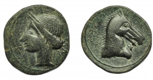 1176 - HISPANIA ANTIGUA. ACUÑACIONES HISPANO-CARTAGINESAS. Unidad. A/ Cabeza femenina con tocado vegetal a der. Estilo tosco. R/ Cabeza de caballo a der., delante letra aleph. AE 9,45 g. 21,7 mm. I-515. ACIP-585. Pátina oscura. MBC-/MBC. Ex Áureo, 2-7-1996, lote 94.