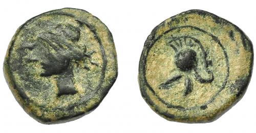 1177 - HISPANIA ANTIGUA. ACUÑACIONES HISPANO-CARTAGINESAS. Divisor (1/5). A/ Cabeza femenina con tocado vegetal a izq. R/ Casco a izq. Estilo tosco. AE 1,51 g. 11,7 mm. I-523. ACIP-586. MBC-. Ex Calicó, 15-6-1993.
