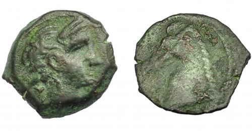1178 - HISPANIA ANTIGUA. ACUÑACIONES HISPANO-CARTAGINESAS. Divisor (1/4). A/ Cabeza femenina con tocado vegetal a der. R/ Cabeza de caballo a izq. AE 1,72 g. 14 mm. I-556. ACIP-590. Pátina verde. MBC-.