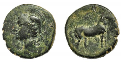 1179 - HISPANIA ANTIGUA. ACUÑACIONES HISPANO-CARTAGINESAS. Unidad. A/ Cabeza femenina galeada a der., debajo yod. R/ Caballo parado a der., debajo beth. AE 12,68 g. 26,5 mm. I-528. ACIP-593. Rayitas. Pátina verde irregular. BC+.