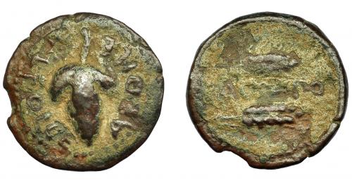 1018 - HISPANIA ANTIGUA. ACINIPO. As. A/ Racimo de uvas, en la parte superior estrella a izq.; L FOLCE AEDILE. R/ Dos espigas a der., en medio AC(INI)PO. AE 5,07 g. 23 mm. I-59. ACIP-2455. Gruesa pátina verde. MBC-/BC+. Rara.