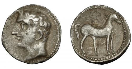 1181 - HISPANIA ANTIGUA. ACUÑACIONES HISPANO-CARTAGINESAS. Divisor (1/4). A/ Cabeza masculina a izq. R/ Caballo parado a der. AE 1,75 g. 11,7 mm. I-545. ACIP-605. Pequeñas marcas. MBC-/MBc.