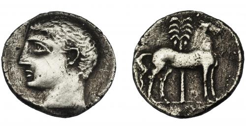 1182 - HISPANIA ANTIGUA. ACUÑACIONES HISPANO-CARTAGINESAS. Siclo. A/ Cabeza masculina a izq. R/ Caballo parado a der. delante de palmera. AE 6,92 g. 21,7 mm. I-547. ACIP-606. Múltiples rayitas. MBC. Ex Vico, 8-7-1999, lote 39.