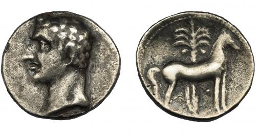 1184 - HISPANIA ANTIGUA. ACUÑACIONES HISPANO-CARTAGINESAS. Siclo. A/ Cabeza masculina a izq. R/ Caballo parado a der. delante de palmera, entre las patas glóbulo. AR 6,72 g. 21,7 mm. I-536. ACIP-614. Erosión en canto. Múltiples rayitas. MBC-. Ex Áureo, 19-9-1994, lote 386.