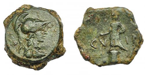 1188 - HISPANIA ANTIGUA. CARTHAGO NOVA. Semis. Fines s. I a.C.-s. I-d.C. A/ Cabeza de Palas a der. R/ Estatua sobre pedestal a izq.; en campo C V -I N. AE 8,09 g. 22 mm. I-571. APRH-151. ACIP-2531. Pátina verde oscuro. MBC+/MBC.