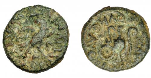 1189 - HISPANIA ANTIGUA. CARTHAGO NOVA. Semis. Fines s. I a.C.-s. I-d.C. A/ Águila a der. con cabeza vuelta; L IVNIVS II VIR QVINQ AVG, poco visible. R/ Instrumentos sacerdotales; (L ACILIVS II VIR) QVINQ AVG. AE5,89 g. 20,6 mm. I-582. APRH-152b. ACIP-2352a. Pátina rugosa. MBC-.