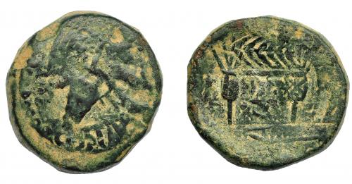 1019 - HISPANIA ANTIGUA. ACINIPO. Reacuñación sobre Obulco. AE 23,29 g. 28,2 mm. Pátina verde oscuro. BC+.