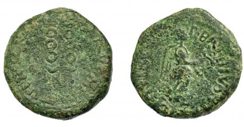 1190 - HISPANIA ANTIGUA. CARTHAGO NOVA. Semis. Fines s. I a.C.-s. I-d.C. A/ Victoria avanzando a der.; P BAEBIVS POLLIO II VIR QVIN. R/ Dos signa; (Q AQVINVS MELA) II VIR. AE 6,29 g. 20,9 mm. I-580. APRH-157. ACIP-2538. Pátina verde. BC+.