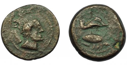 1002 - HISPANIA ANTIGUA. ABDERA. Unidad. A/ Cabeza masculina a der., detrás clava. R/ Delfín a der., debajo atún a izq. y debajo ley. 'bdrt. AE 13,92 g. 26,4 mm. I-11. ACIP-868. Ex Áureo, 8-3-1994, lote 207. Pátina marrón con tonos verdes. MBC-. Muy rara.