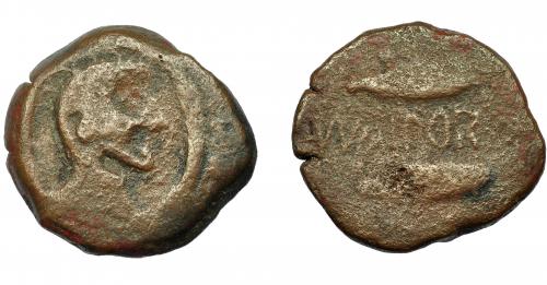 1020 - HISPANIA ANTIGUA. AIPORA. As. A/ Cabeza masculina a der. R/ Dos atunes a der., en medio MVN AIPORA. AE 19,72 g. 31,5 mm. I-61. CNH-1 (mismo ejemplar). ACIP-2475. BC+. Rarísima. Ex Áureo, 21-10-1997, lote 941.