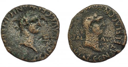 1205 - HISPANIA ANTIGUA. CARTHAGO NOVA. Calígula. As. A/ Cabeza laureada a der.; C CAESAR AVG GERMANIC IMP P (P M TR) P COS. R/ Cabeza de Salus a der., en campo SAL-AVG; CN ATEL FLAC CN POM (FLAC II VIR Q) V I N K. AE 10,96 g. 26,9 mm. I-613. APRH-185. ACIP-3155. Erosiones. BC+.