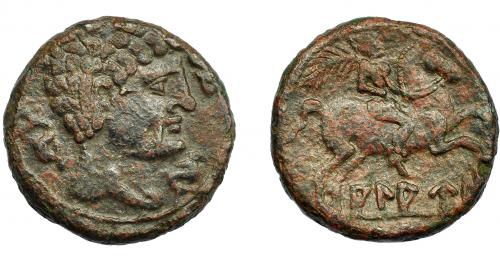 1021 - HISPANIA ANTIGUA. ALAUN. As. A/ Cabeza masculina con torques a der., alrededor tres delfines. R/ Jinete con palma a der., debajo, dobre línea, ley. ibérica ALAUN. AE 14,07 g. 26,5 mm. I-62. ACIP-1470. Golpecito en anv. Pátina rojiza. MBC-. Muy escasa.