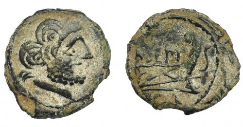 1211 - HISPANIA ANTIGUA. CARTEIA. Semis. A/ Cabeza de Júpiter a der. R/ Proa a der., encima M SEPT, debajo CAR, delante S. AE 5,27 g. 23,1 mm. I-624 (vte.). ACIP-2568. Pátina oscura terrosa. MBC. Rarísima.